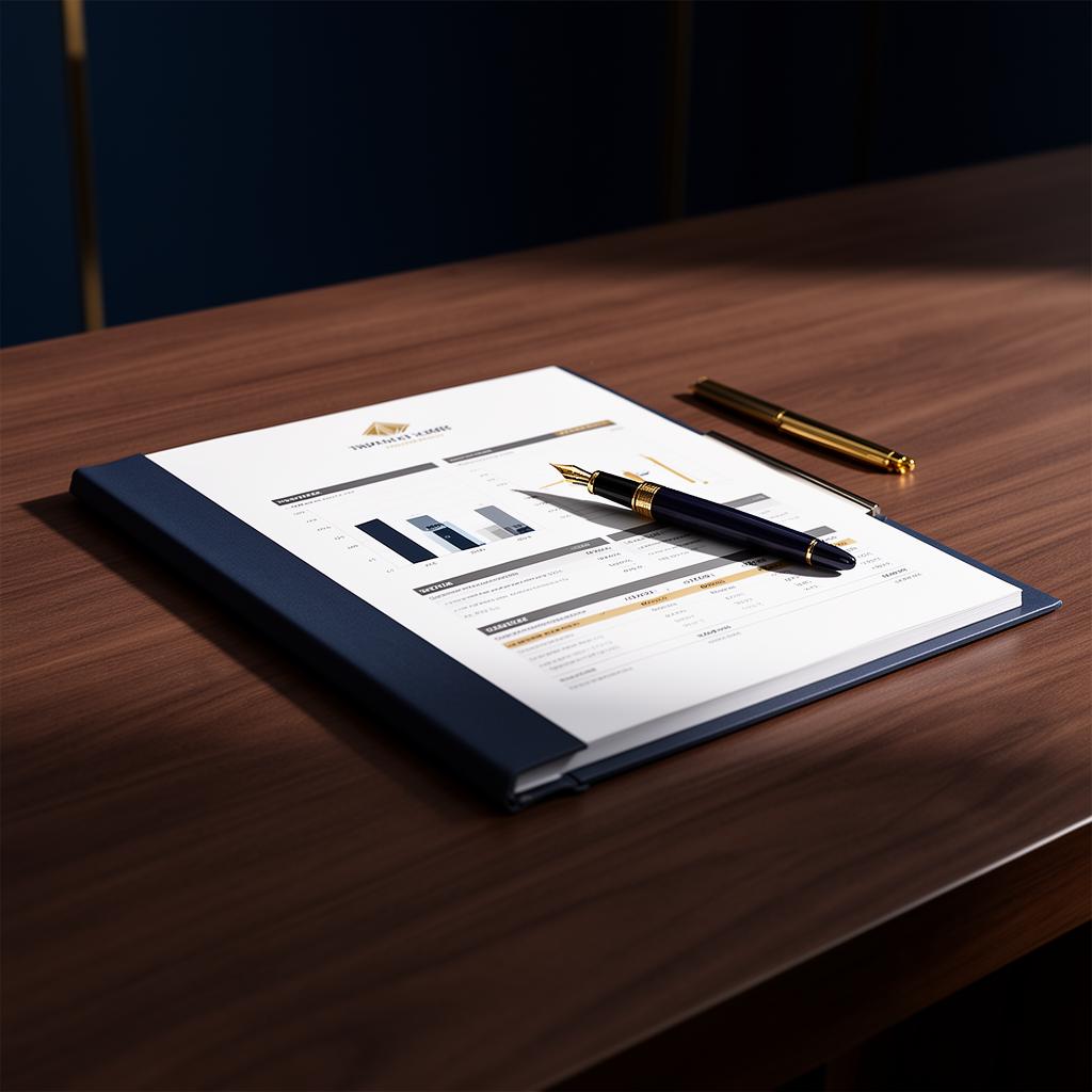 A bound financial report and fountain pen on a board-room desk
