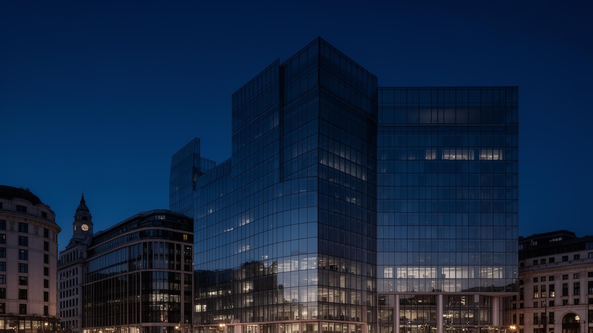 A modern London financial-district office at blue hour