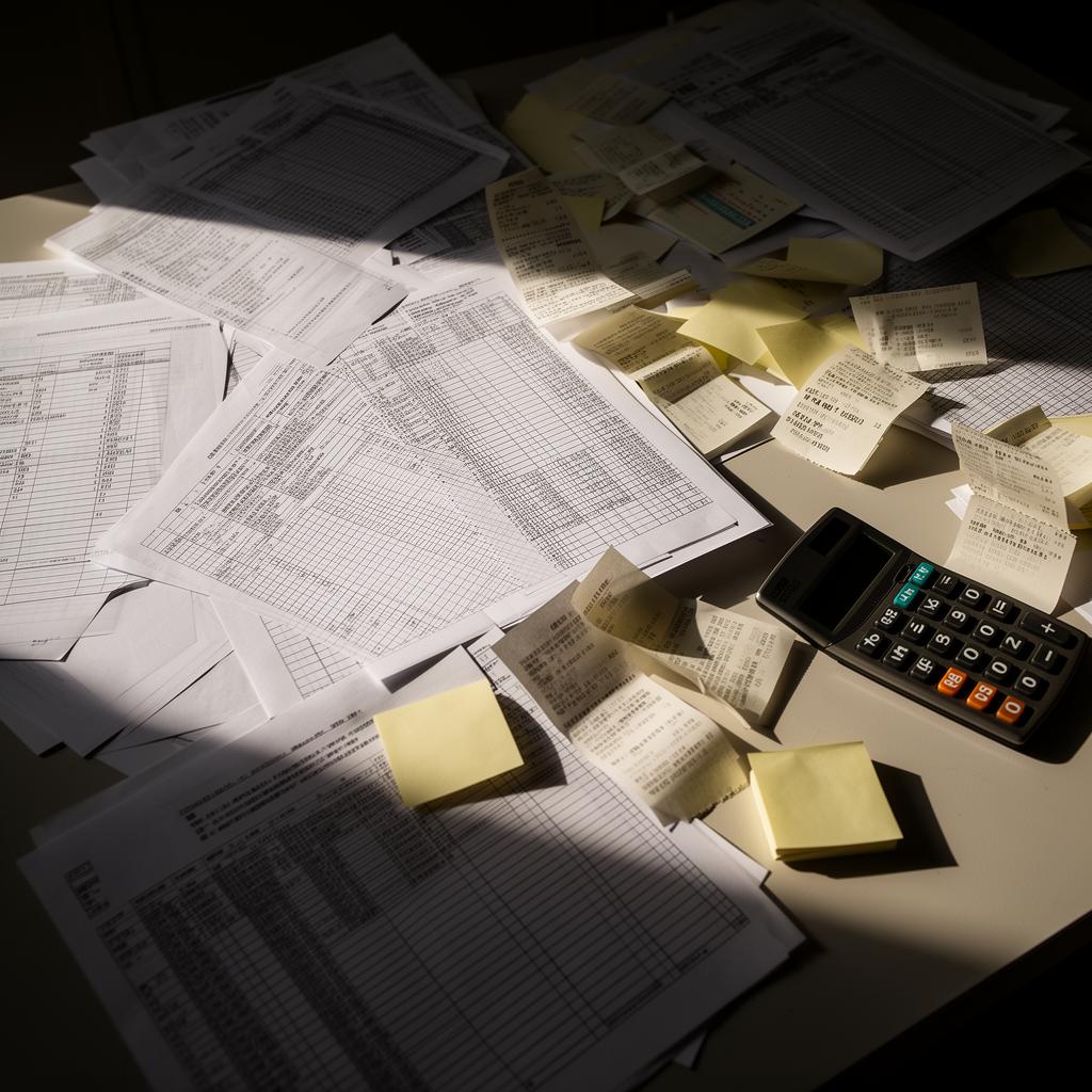 Desk overwhelmed with printed spreadsheets, receipts and a calculator