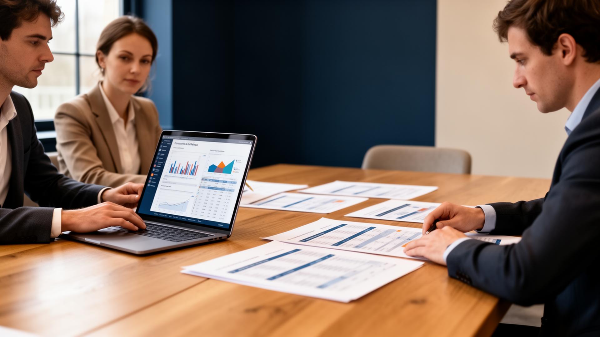 A finance team reviewing reports together at a meeting table